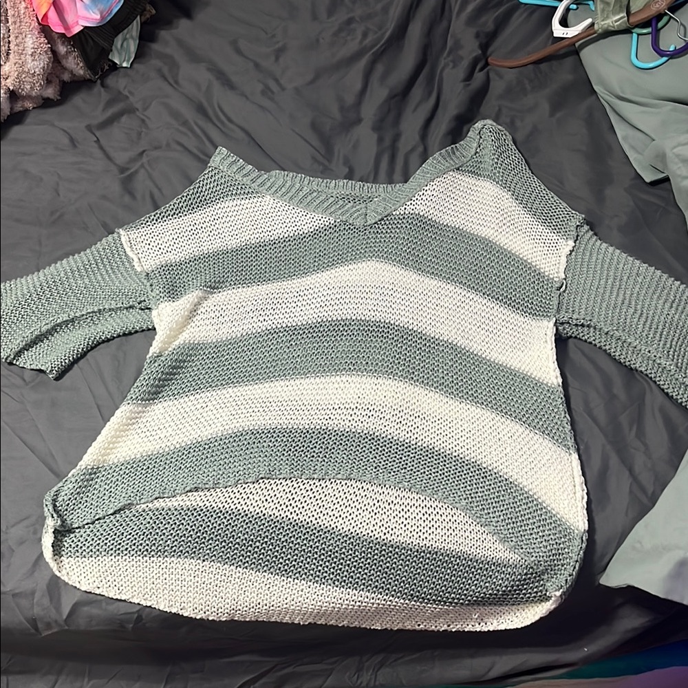 Twenty Off-the-Shoulder Sweater in Green and White